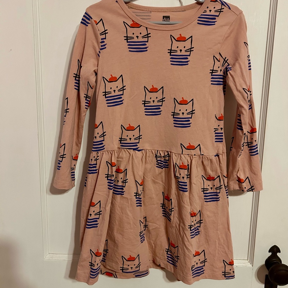 Tea Collection Cute Cat Print Kids Dress - Pink